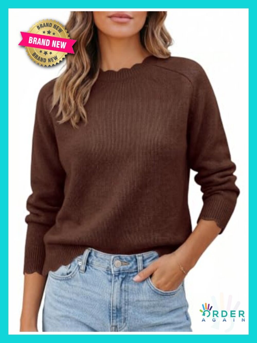 Womens Long Sleeve Knit Scallop Trim Pullover Sweater Fitted Business Casual